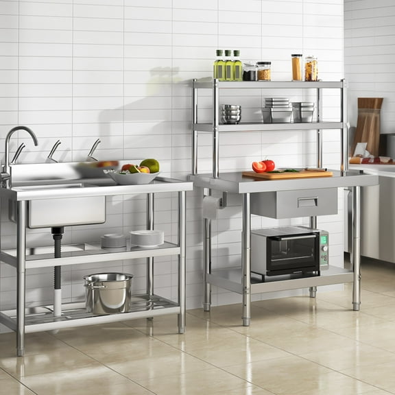 Dextrus 36"×24" Stainless Steel Table with Overshelves and Paper Towel Holder and Drawer, Work Table with 36" X 12" Shelf, Metal Table Prep Table