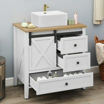 Dextrus 36'' Bathroom Vanity with Sink Combo & Barn Door, Farmhouse Freestanding Bathroom Storage Cabinet with 3 Drawers, White