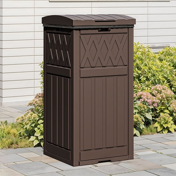 Dextrus 36 Gallon Outdoor Trash Can, Waterproof Resin Garbage Bin with Drip Tray & Lid, Trash Bin,for Porch, Backyard, Dark Brown