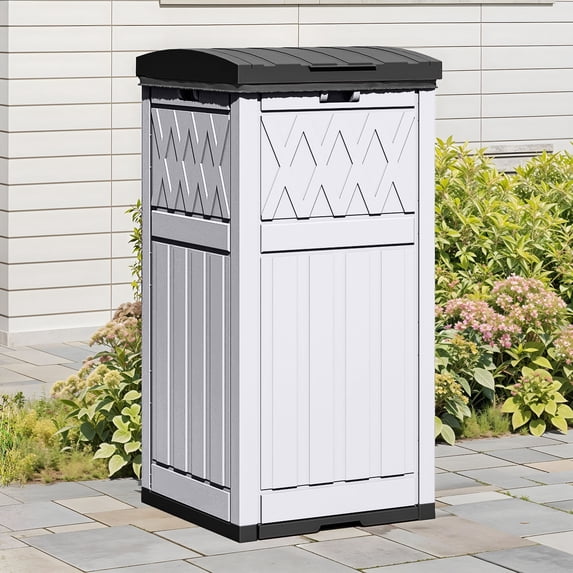 Dextrus 36 Gallon Outdoor Trash Can, Waterproof Resin Garbage Bin with Drip Tray & Lid, Trash Bin,for Porch, Backyard, White & Black
