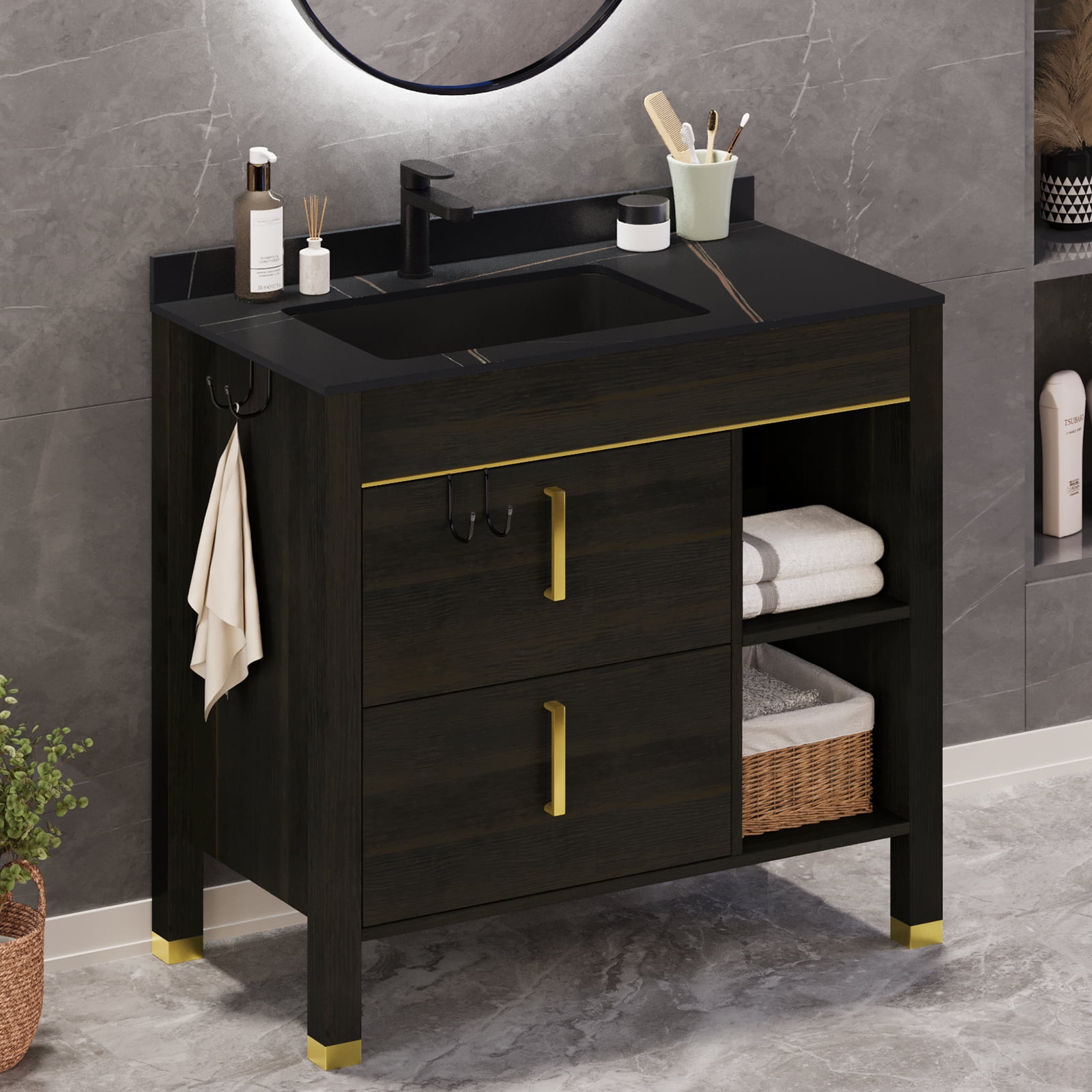 "Dextrus 36"" MidCentury Modern Bathroom Vanity with Marble Sink, Free