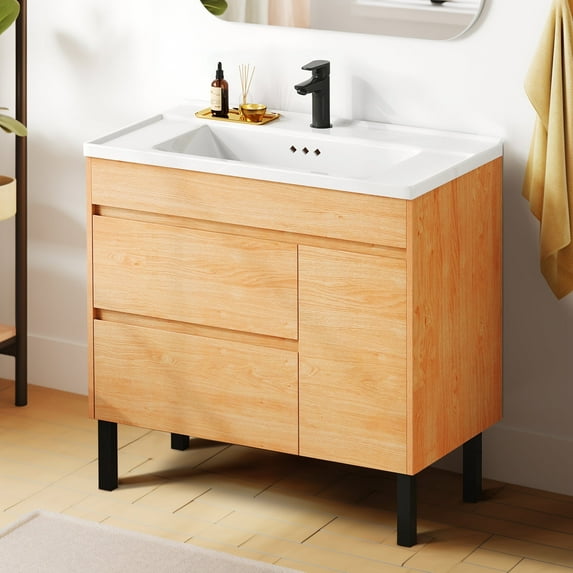 Dextrus 36 Inch Bathroom Vanity with Undermount Sink, Free Standing Bathroom Storage Cabinet with Drain, Oak