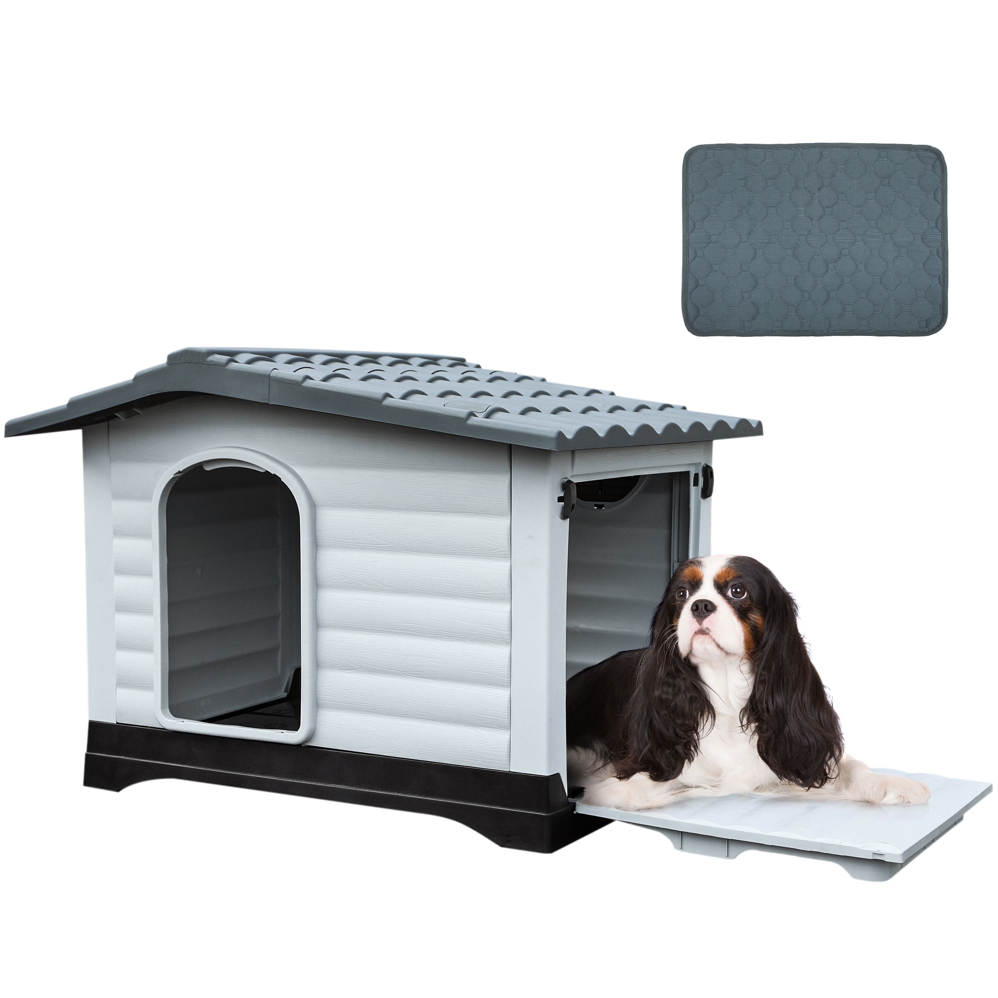 Dextrus 36'' Large Double Door Dog House with Porch & Cushion, Outdoor