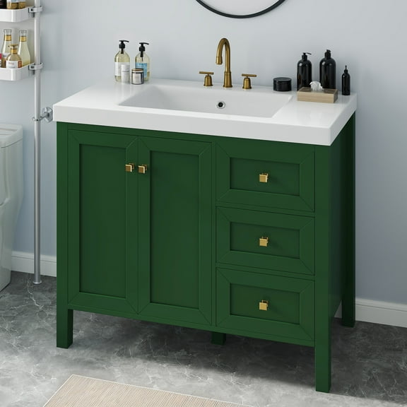 Dextrus 36'' Modern Bathroom Vanity with Resin Basin, Freestanding Bathroom Storage Cabinet with Drawers & Doors, Green