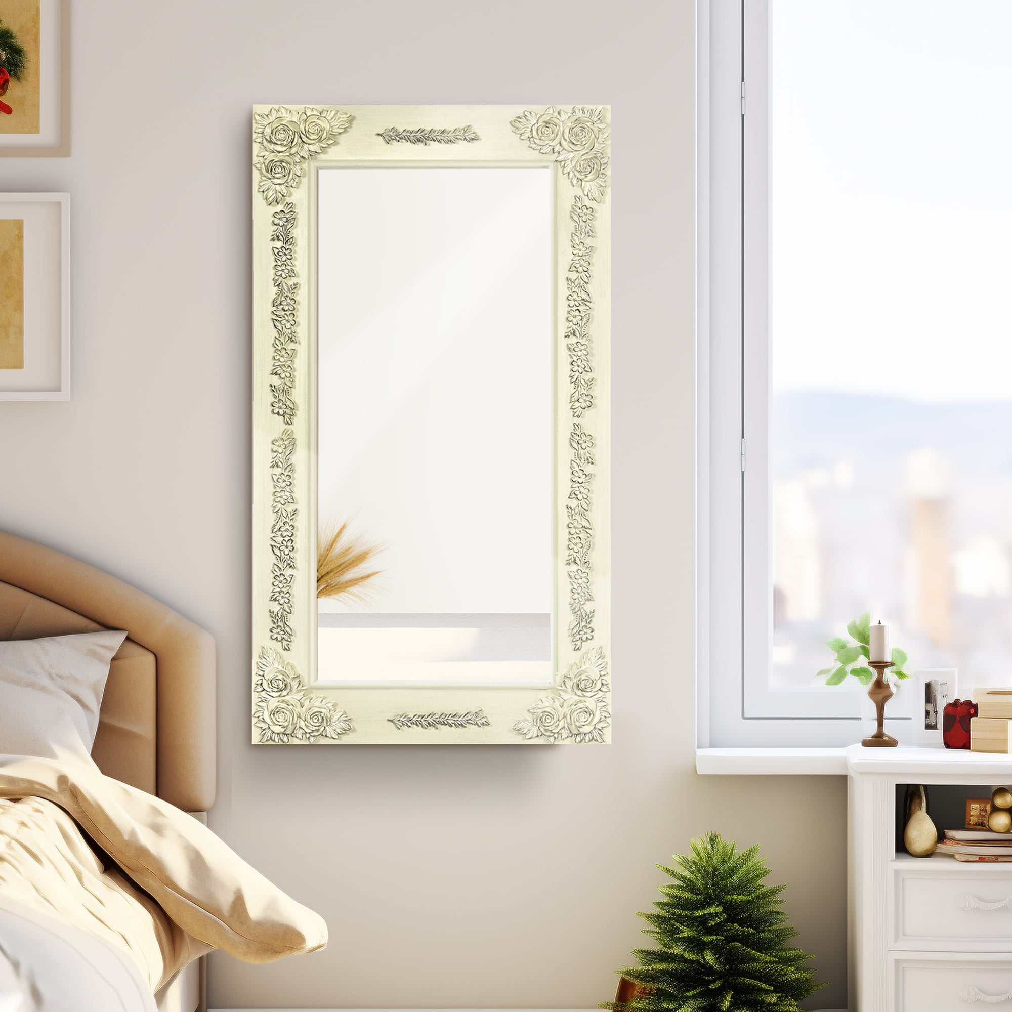 Dextrus 36"x20" Wall Mirror with Rectangular Wood Frame,Vintage Mirror, French Vanity Mirrors, White