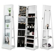 Dextrus 360° Swivel Jewelry Cabinet, Lockable Standing Jewelry Armoire with Full-Length Mirror, Rear Storage Shelves, White