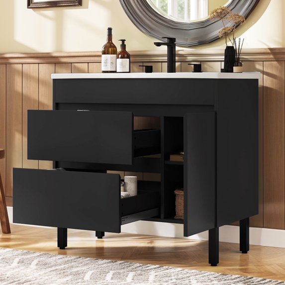 Dextrus 37" Bathroom Vanity with Top Sink, Modern Free Standing Bathroom Storage Cabinet with Soft Close Door, Black