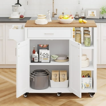 DEXTRUS 37" Kitchen Island Cart with Storage, Kitchen Storage Cart with Shelves & Spice Rack, White