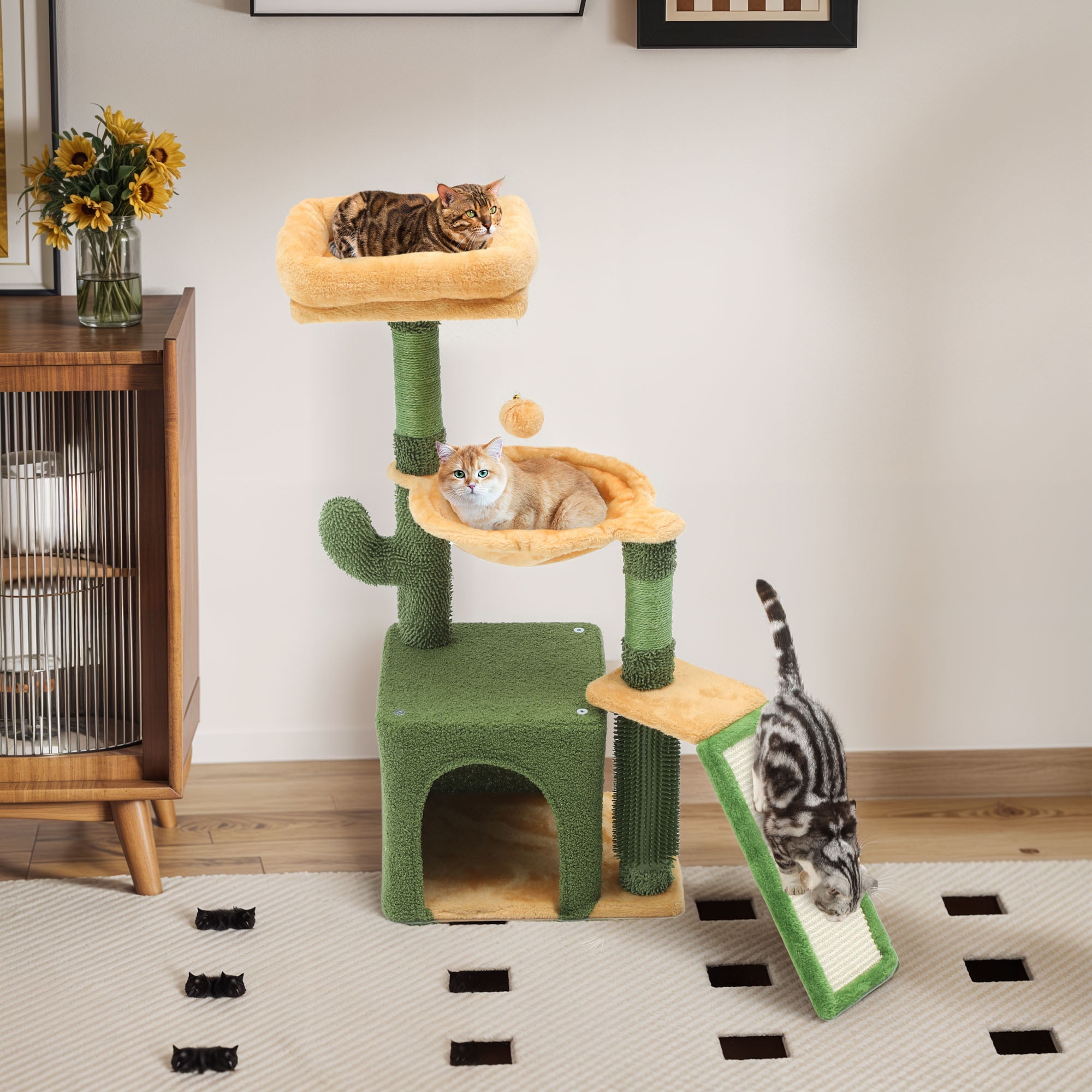 Dextrus 37" Tall Cactus Cat Tree Tower,Indoor Cat Condo with Self-Grooming Brush, Plush Platform, Hammock, Sisal Scratching Posts, and Toy Balls,Green