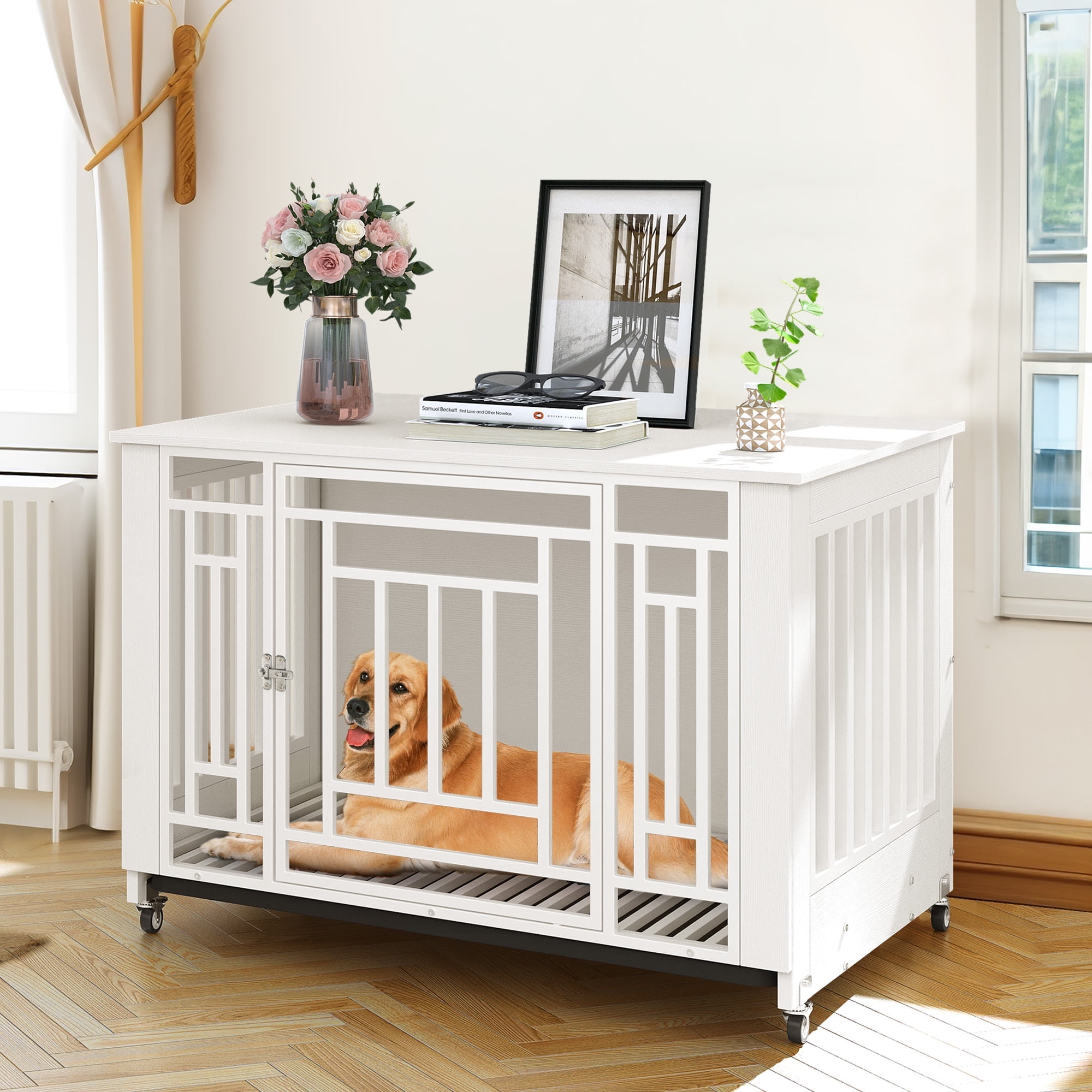 Dextrus 38.2 inch Dog Crate Furniture with Wheels, large Wooden Indoor Dog Kennel with Removable Tray End Table,Dog House for Small Medium Large Dog - White