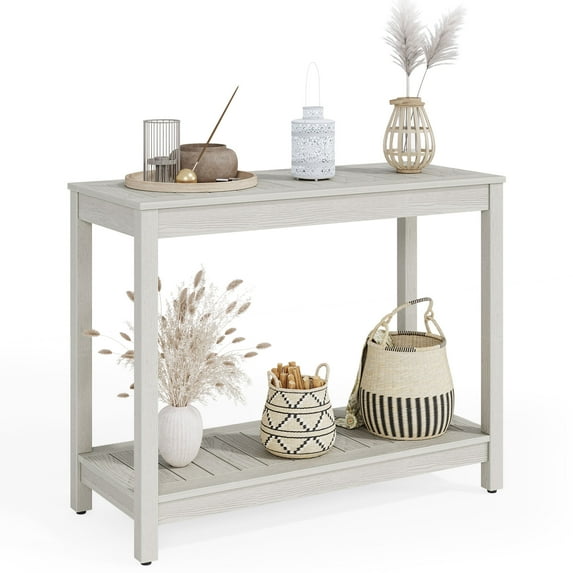 Dextrus 38.3" Farmhouse Entryway Table, Wood Outdoor Console Table with Storage Shelves, Gray