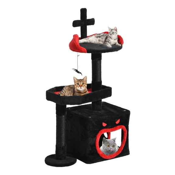 Dextrus 38" Gothic Cat Tree Tower with Spider Hanging Balls and Scratching Post, Cat Condo for Indoor Cats