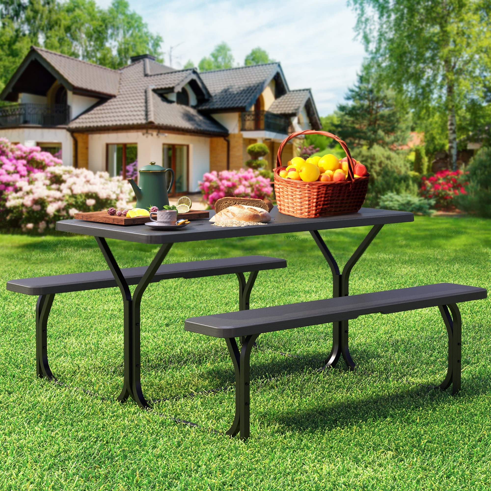 Outdoor bench table set discount