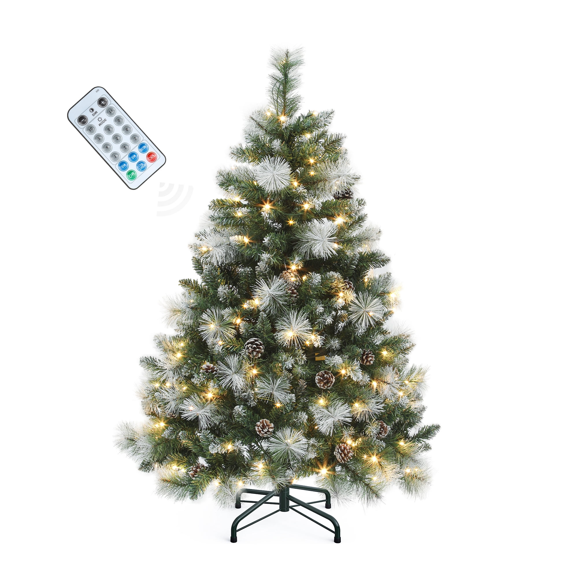 Dextrus 4.5ft Prelit Christmas Tree, Scotch Holiday Christmas Pine Tree with 396 Branch Tips,150 Warm-White Lights & 34 Pine-Cones, Remote Control, 11 modes, Green