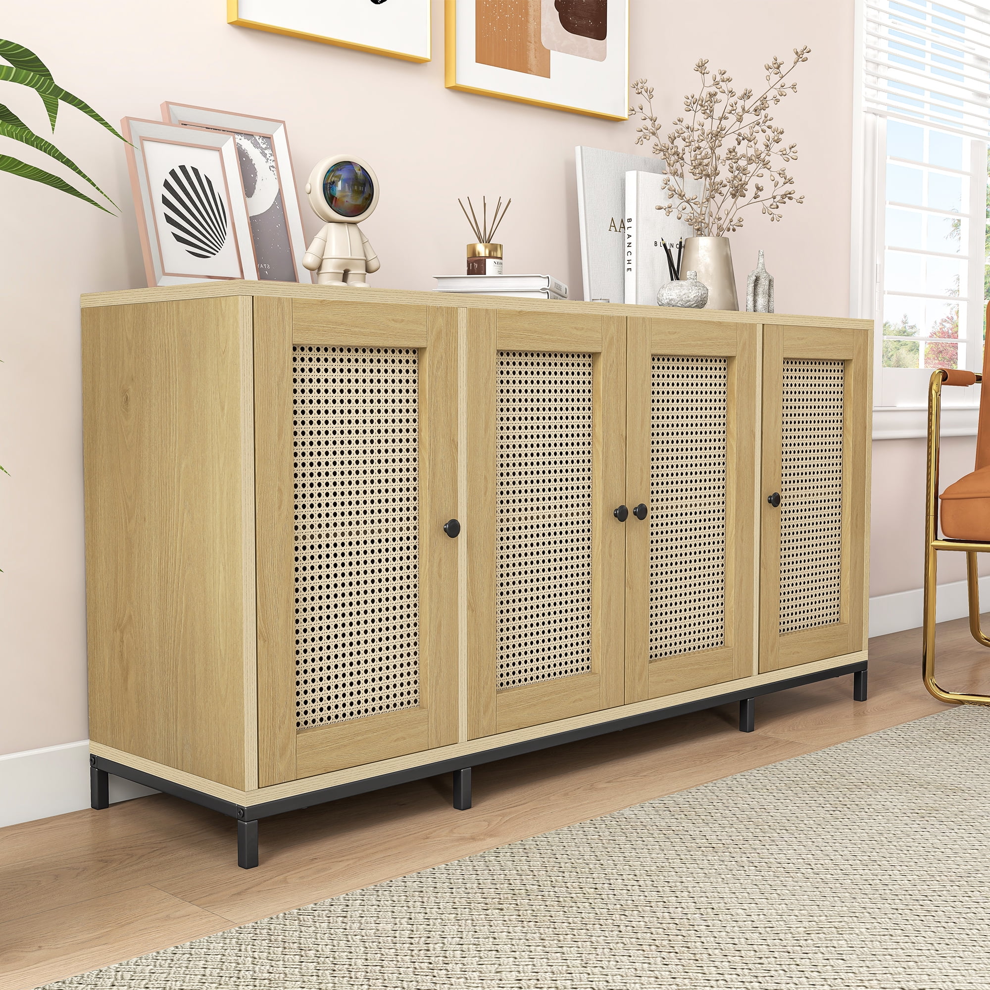 Beige 59" Rattan and Wood 4-Door Sideboard Cabinet