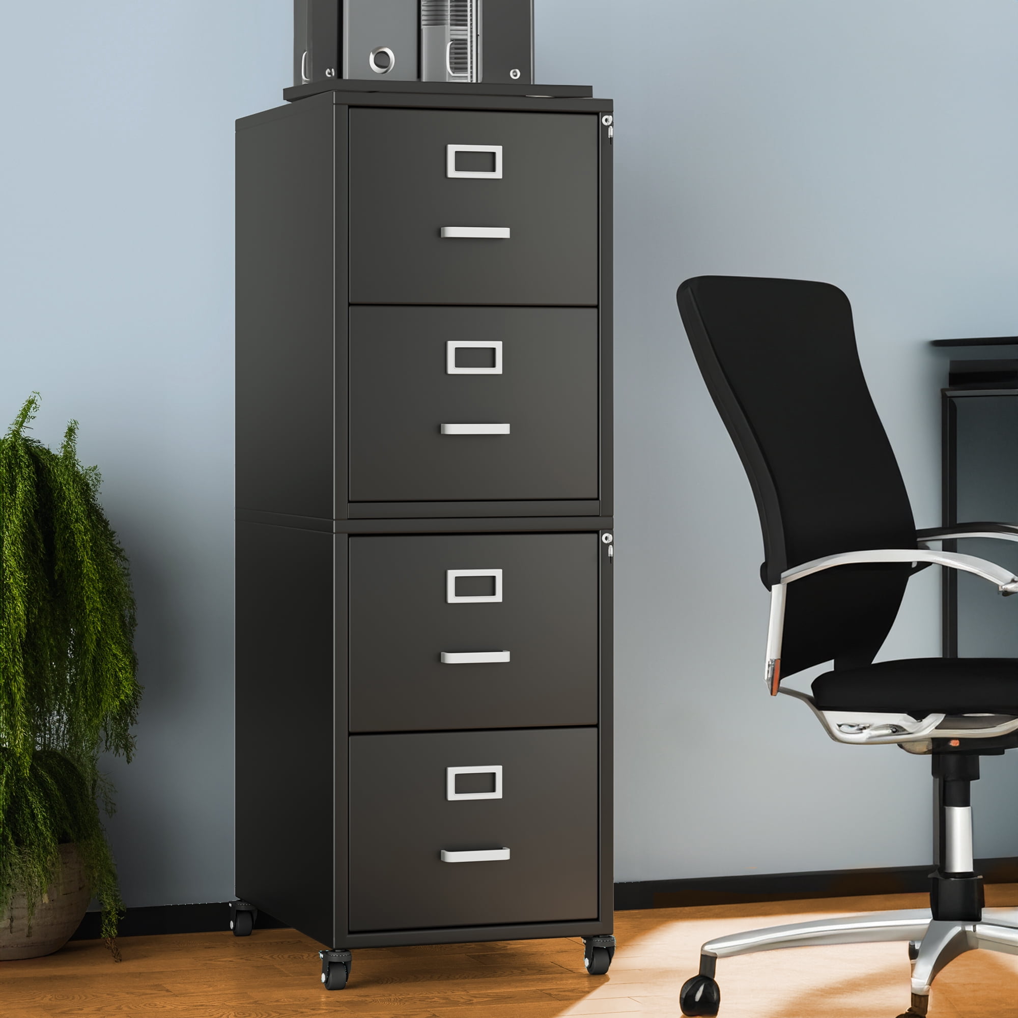 Black Metal 4-Drawer Vertical Mobile Filing Cabinet with Lock