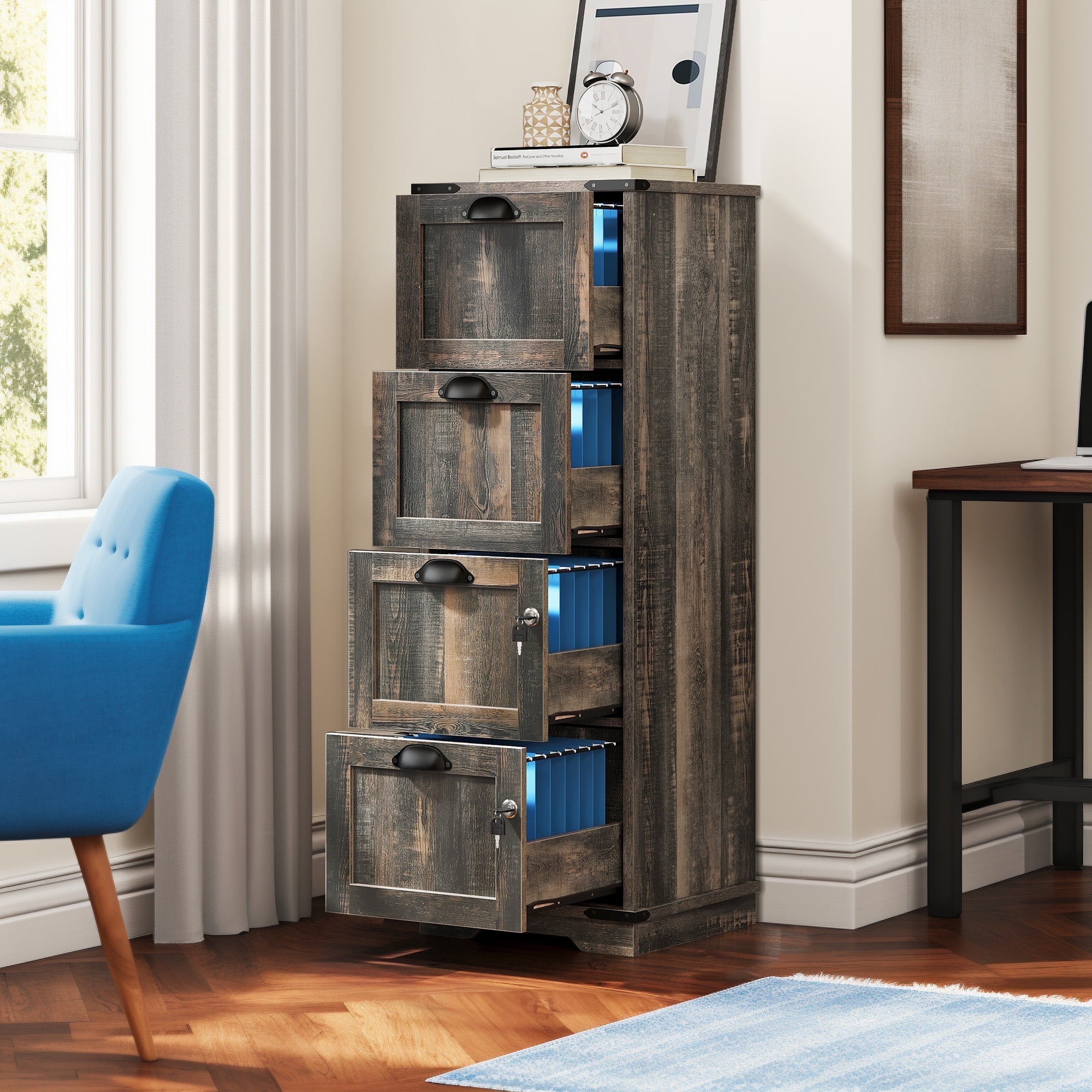 DEXTRUS 4-Drawer File Cabinet with Lock, 15.86" Deep Vertical Filing Cabinet, Rustic Grey