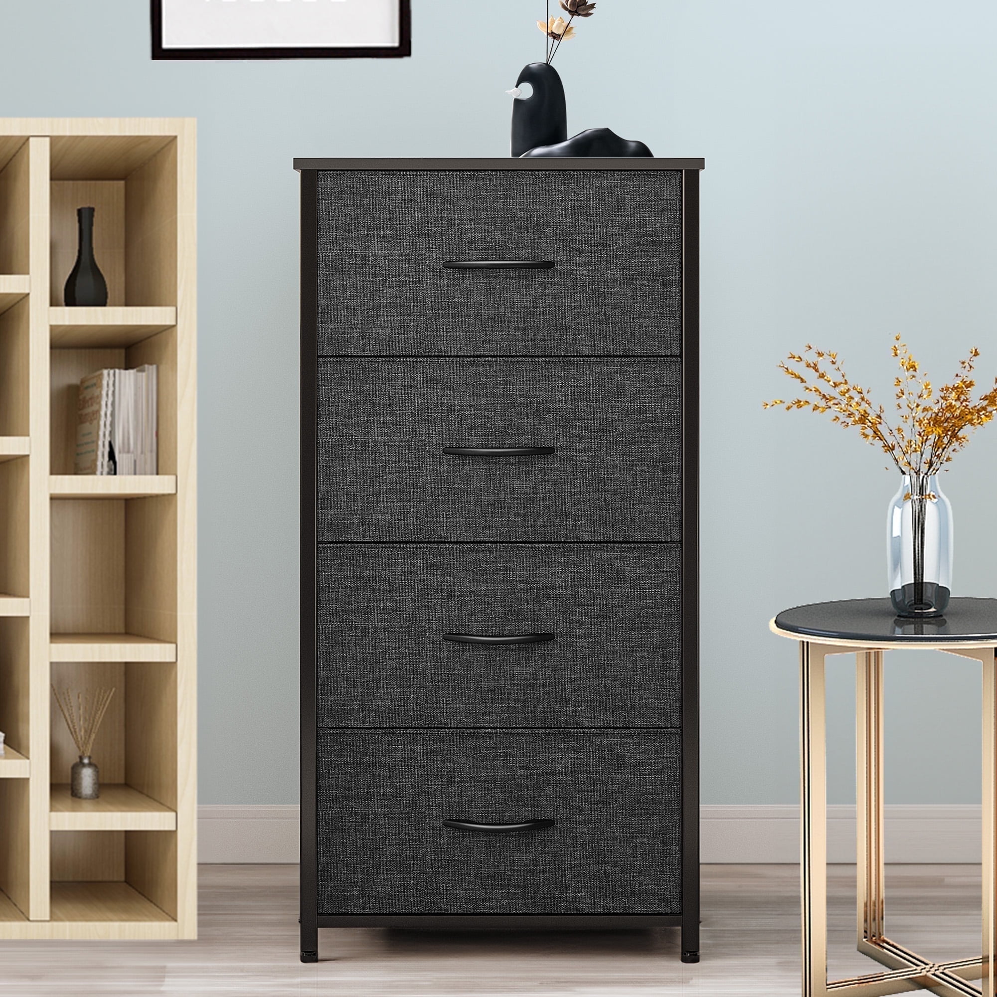 Dextrus 4 Drawer Storage Organizer Wooden Top Shelf for Closets, Black Grey