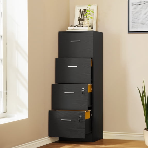 Dextrus 4-Drawer Wood File Cabinet with Lock,15.8" Deep Vertical Filing Cabinet for Letter A4-Sized Files, Easy to Assemble, Black