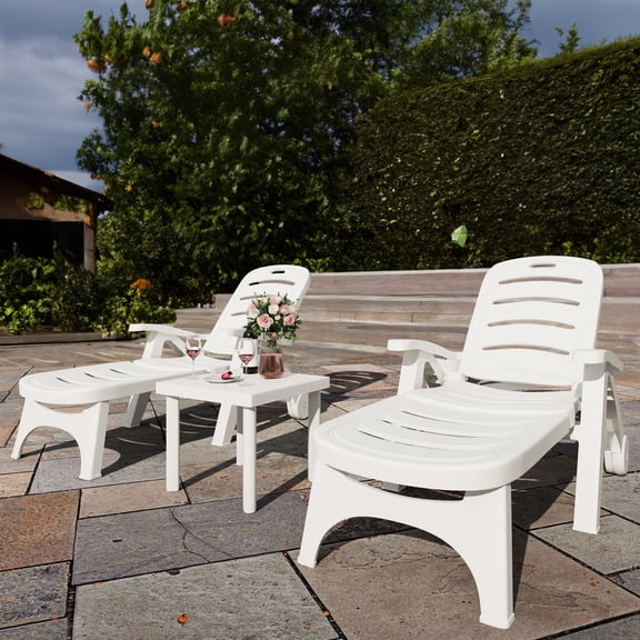 Dextrus 4 Pcs Outdoor Chaise Lounge on Wheels, PP Plastic Folding Patio Chair with 5-Level Adjustable Backrest