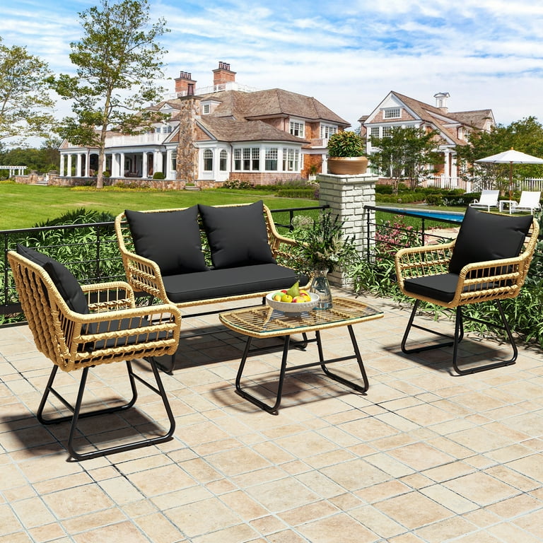 Free Shipping Dextrus 4 Piece All Weather Patio Furniture Wicker Rattan Outdoor Bistro Set with Loveseat Conversation Chairs Soft Cushions and Metal Table for Backyard Balcony and Deck Light Brown Bla...