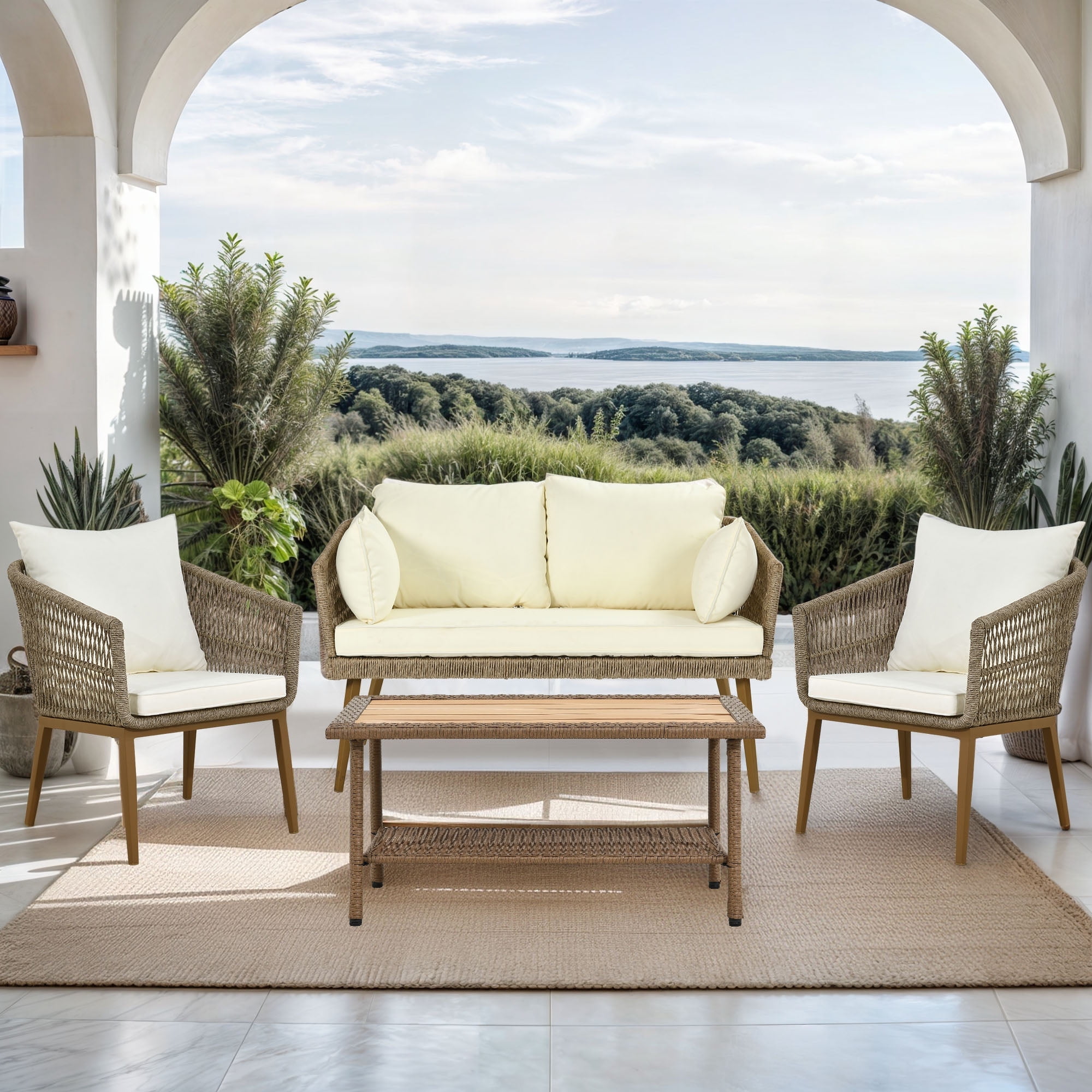 Dextrus 4 Piece Boho Outdoor Patio Conversation Set, PE Rattan with ...