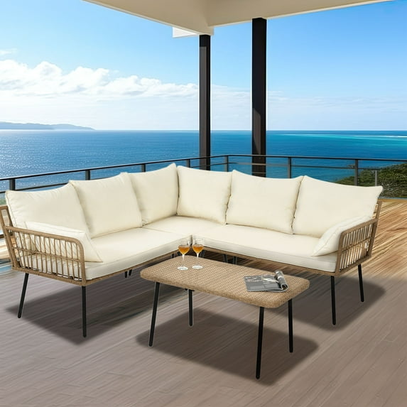 Dextrus 4-Piece Boho Woven Patio Furniture Set – L-Shaped Wicker Sectional Sofa with Cushions and Side Coffee Table in Beige