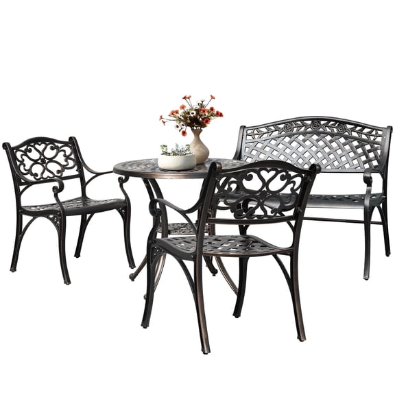 Dextrus 4 Piece Cast Aluminum Outdoor Patio Dining Set, Outdoor Patio Bistro Sets with Round Table, Bench, 2 Chairs with Adjustable Feet for Balcony, Pool, Garden, Backyard, Hammered Bronze