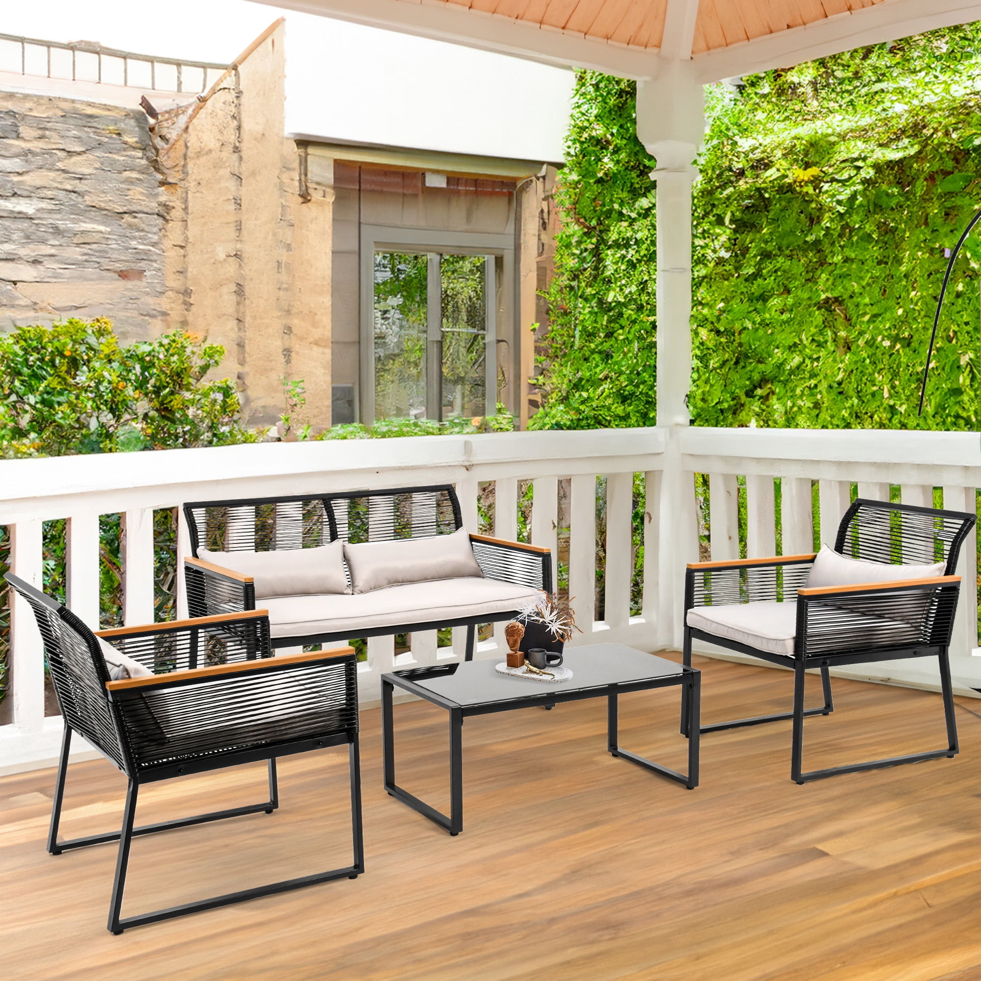 Dextrus 4 Piece Outdoor Bistro Set Weather Resistant Wicker Rattan Patio Furniture with Wooden Armrests and Gray Cushions Conversation Loveseat and Metal Coffee Table Black Walmart