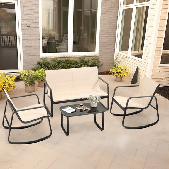 Dextrus 4-Piece Outdoor Patio Bistro Furniture Set, Rocking Chair Set - 2 Rocking Chairs, a Loveseat Sofa chair with Glass Coffee Table - Brown