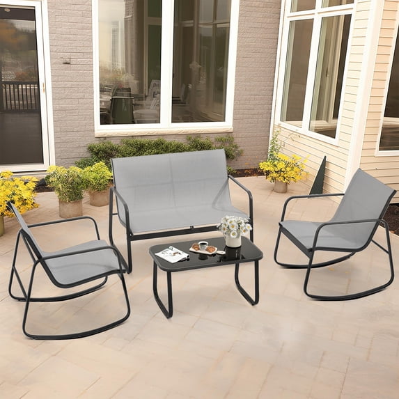 Dextrus 4-Piece Outdoor Patio Bistro Furniture Set, Rocking Chair Set - 2 Rocking Chairs, a Loveseat Sofa chair with Glass Coffee Table - Gray