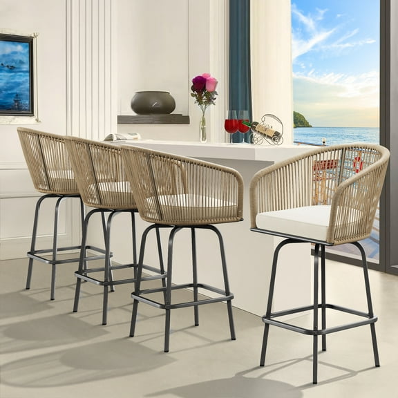 Dextrus 4-Piece Outdoor Woven Swivel Bar Stools Set with Soft Cushions, Perfect for Backyard Poolside and Garden, 360° Rotation, Modern Design, Light Yellow+Beige