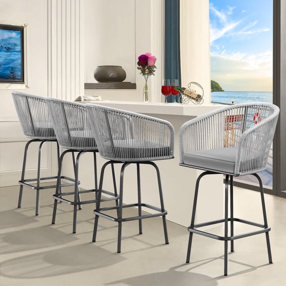 Dextrus 4-Piece Outdoor Woven Swivel Bar Stools Set with Soft Cushions, Perfect for Backyard Poolside and Garden, 360° Rotation, Modern Design, Gray