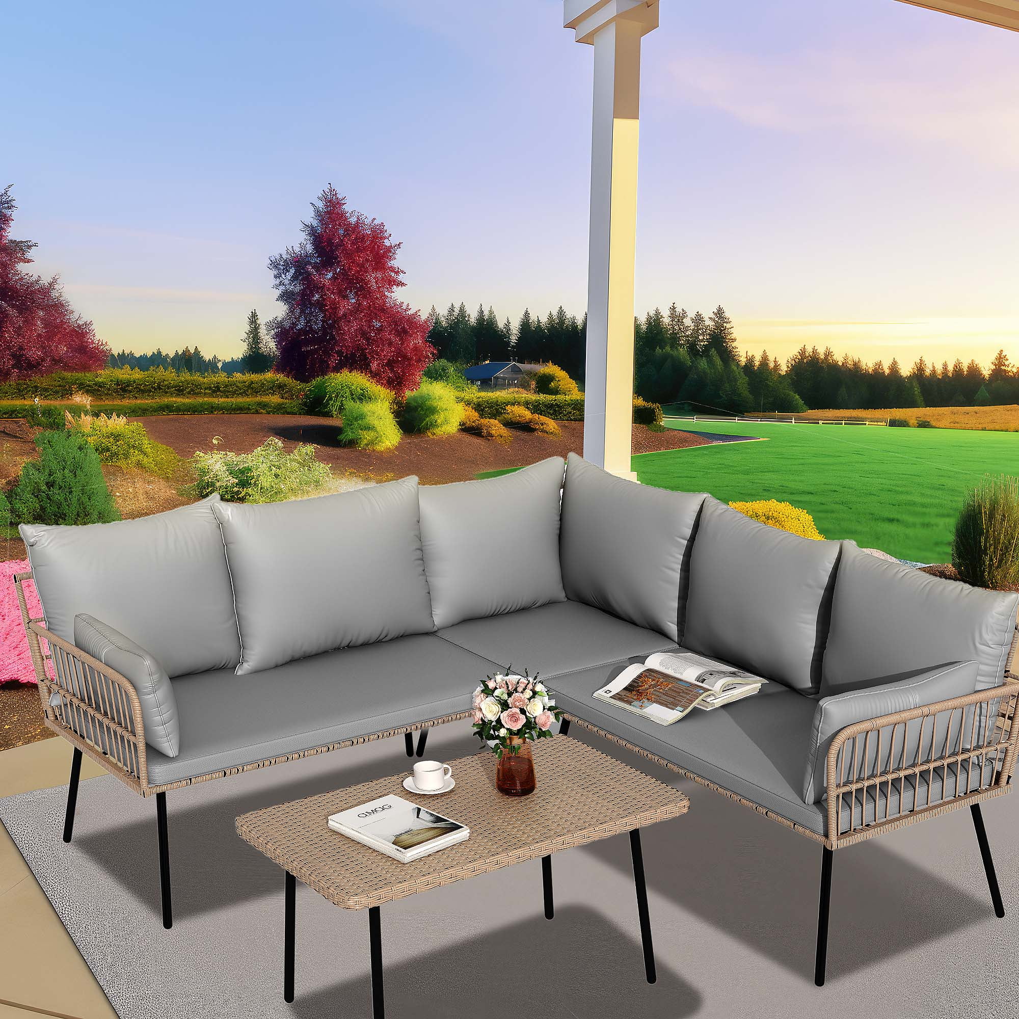 Dextrus 4-Piece Patio Furniture Set, Wicker Outdoor Bistro Set, Woven Sectional L-Shaped Patio Sofa Set with Cushions and Side Coffee Table - Gray