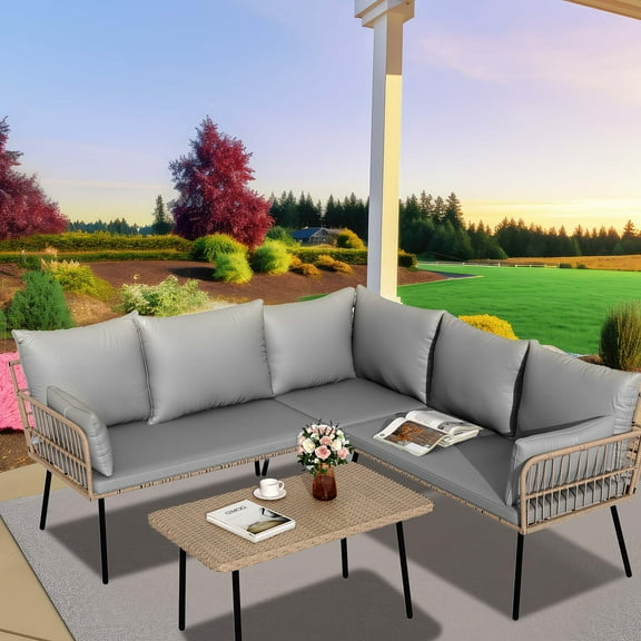 Dextrus 4-Piece Patio Furniture Set, Wicker Outdoor Bistro Set, Woven Sectional L-Shaped Patio Sofa Set with Cushions and Side Coffee Table - Gray