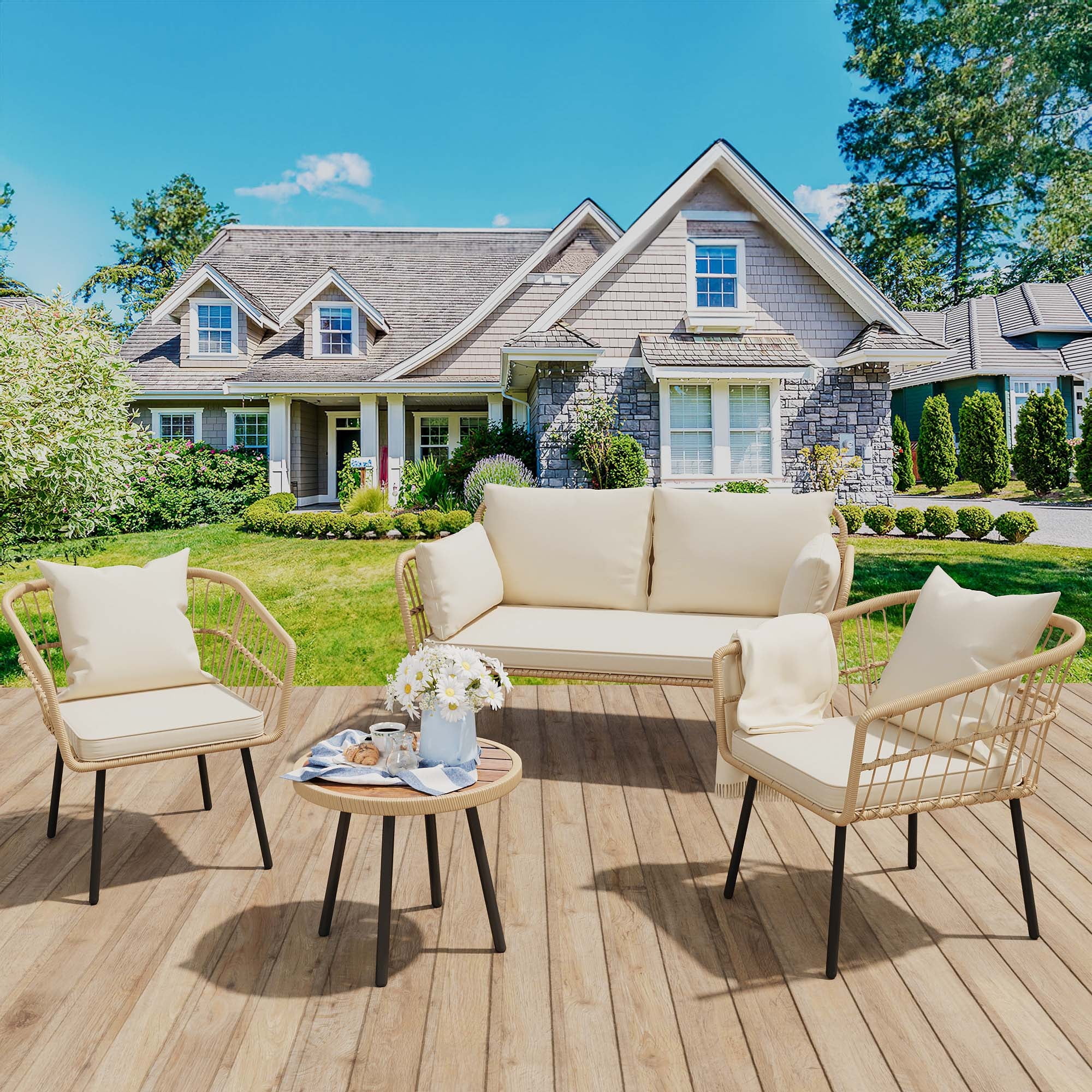 Dextrus 4 Piece Patio Furniture Wicker Outdoor Bistro Set All Weather Rattan Conversation Loveseat Chairs for Backyard Balcony and Deck with Soft