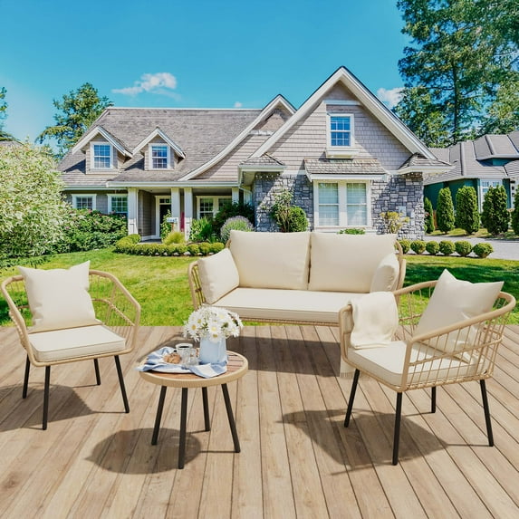 Dextrus 4-Piece Patio Furniture Wicker Outdoor Bistro Set, All-Weather Rattan Conversation Loveseat Chairs for Backyard, Balcony and Deck with Soft Cushions and Coffee Table - Beige