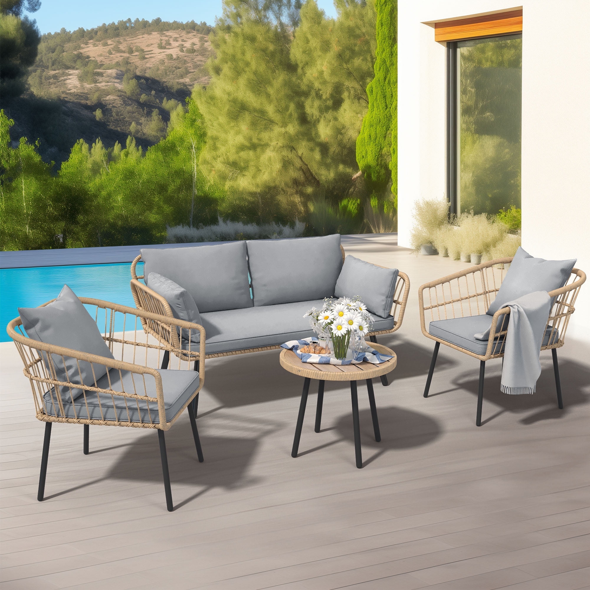 Dextrus 4 Piece Patio Furniture Wicker Outdoor Bistro Set All Weather Rattan Conversation Loveseat Chairs for Backyard Balcony and Deck with Soft Cushions and Coffee Table Gray Walmart