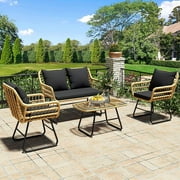 Dextrus 4-Piece Patio Furniture Wicker Outdoor Bistro Set, All-Weather Rattan Conversation Loveseat Chairs for Backyard, Balcony and Deck with Soft Cushions and Metal Table (Light Brown+Black)