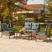 Dextrus 4-Piece Patio Furniture Wicker Outdoor Bistro Set, All-Weather Rattan Conversation Loveseat Chairs for Backyard, Balcony and Deck with Soft Cushions and Metal Table (Light Brown+Gray)