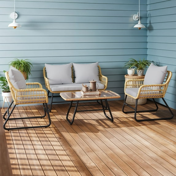 Dextrus 4-Piece Wicker Patio Set, Outdoor Rattan Furniture with Cushions & Glass Table, Light Gray