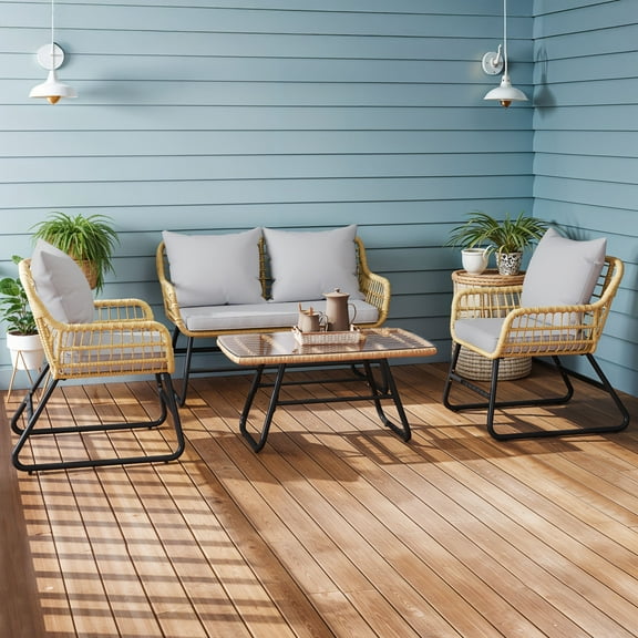 Dextrus 4-Piece Wicker Patio Set, Outdoor Rattan Furniture with Cushions & Glass Table, Light Gray