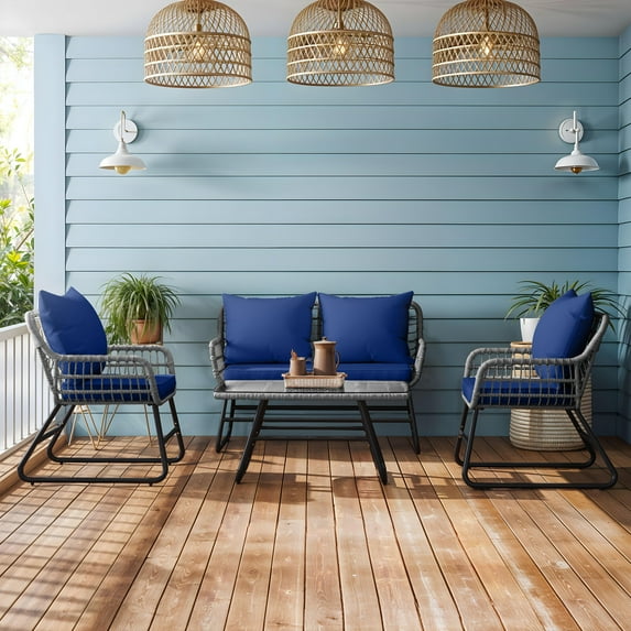 Dextrus 4-Piece Wicker Patio Set, Outdoor Rattan Furniture with Cushions & Glass Table, Navy Blue