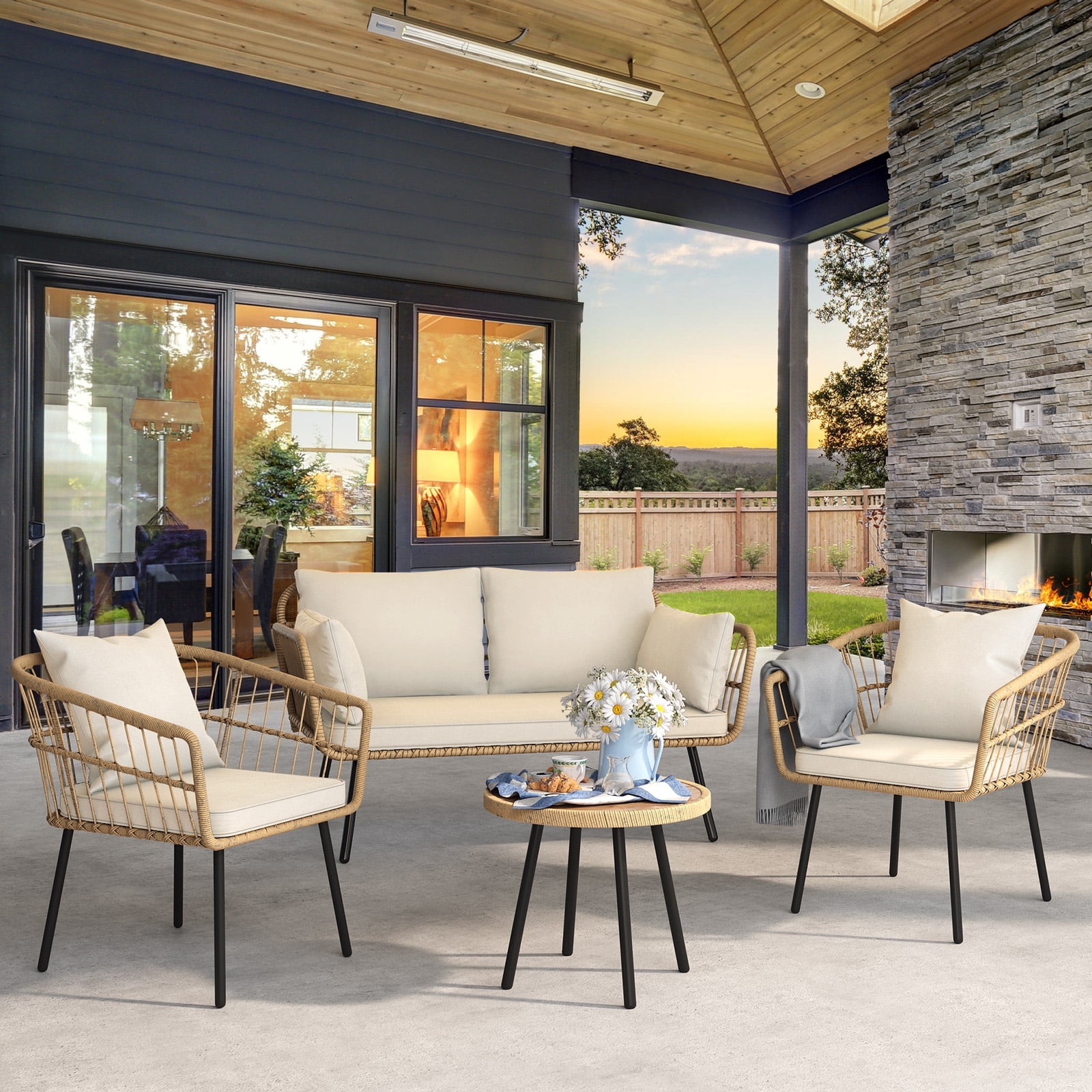 Dextrus 4 Pieces Patio Furniture Set, Wicker Outdoor Bistro Set, with Loveseat Chairs Table Soft Cushions, Beige