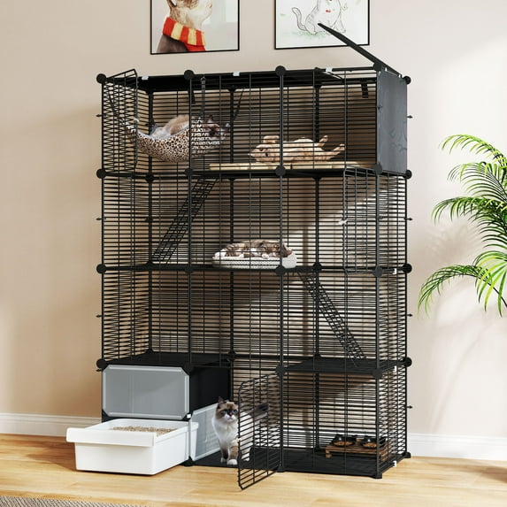 Dextrus 4-Tier Cat Cage with Litter Box, Spacious Indoor Cat Enclosure with Platforms & Ramps for 1-3 Small Cats, Black,41"L x 14"W x 55"H