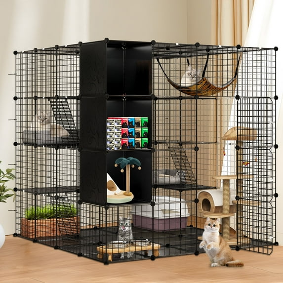 Dextrus 4-Tier Cat Kennel, Metal Cat Haven with Cube Storage, DIY Indoor Catio Enclosure Spacious Cat Playpen with Hammock, Ideal for 1-4 Cats,55"L x55"W x 55"H