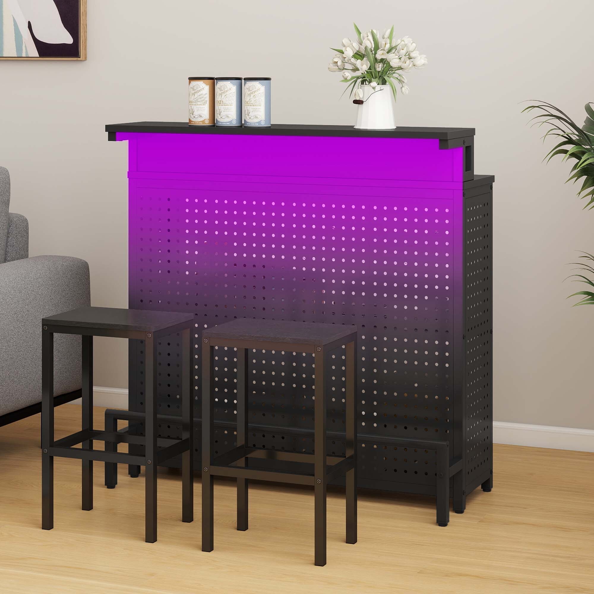 DEXTRUS 4 Tier Home Bar Unit, 43" Liquor Bar Table with Adjustable RGB LED Color Lights, Mini Bar Cabinet with Stemware Rack and Footrest, Black