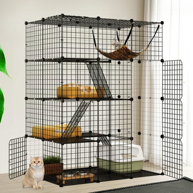 Dextrus 4Tier Indoor Cat Cage, Cat Enclosure with Hammock, Large Metal