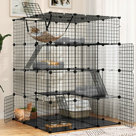 Dextrus 4 Tier Large Cat Cage,55" Spacious Metal Wire Crate Kennels with Hammock, Indoor/Outdoor Small Animal House Fence for 1-4 Cats. Versatile DIY Pet Crate Playpen