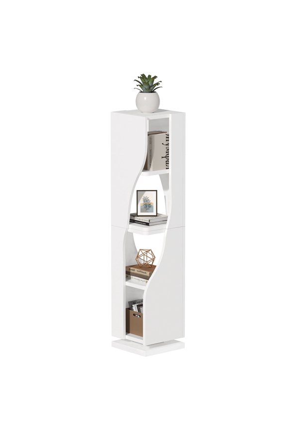 4-Tier Narrow Bookcase with LED Light, 71.5" Rotating Bookshelf, Geometric Modern Corner Shelf, Shelf Storage Organizer Corner Shelf for Home Office, White